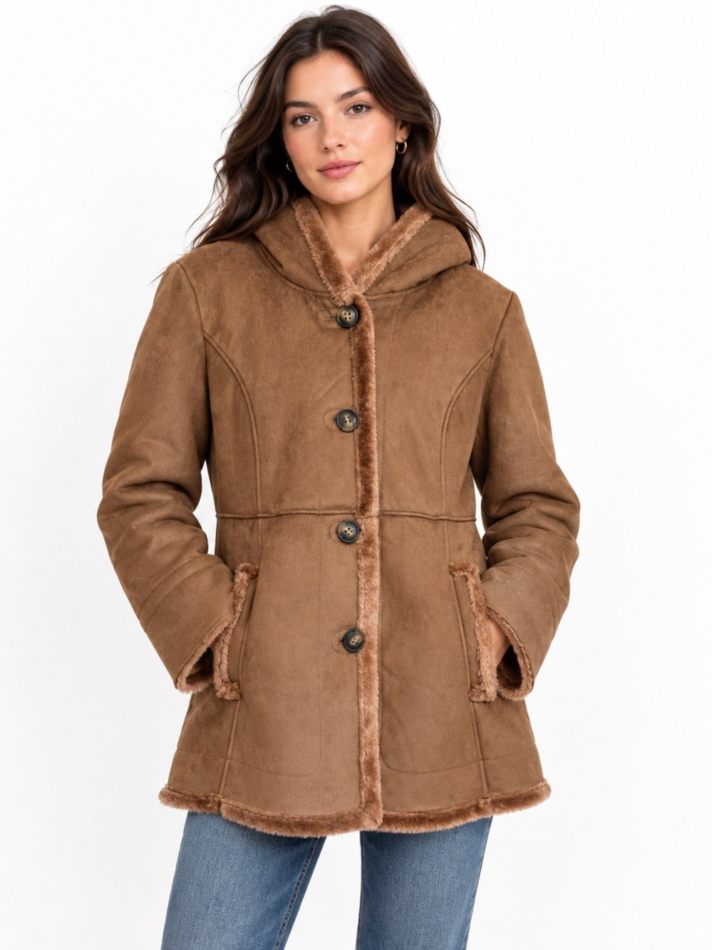 Vintage Jones New York Faux Suede Fur Lined Hooded Coat size Large